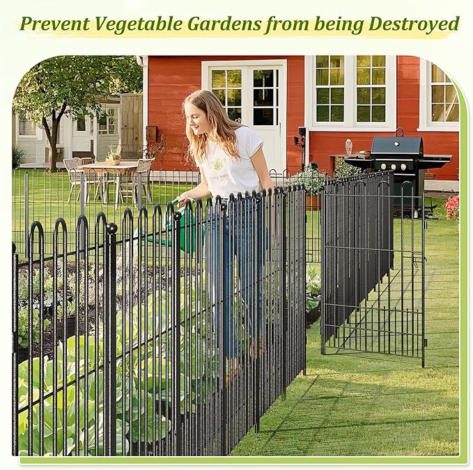 Bepatio Tall Garden Fence Animal Barrier with Gate, 39.5in (H) x 23ft (L) 10 Panels Decorative Dog Fence Outdoor for Yard, Heavy Duty Metal Fence Border, Flower Bed, Easy Setup, Black