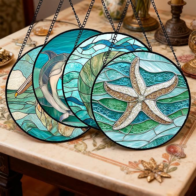 Stained Glass Window Hanging 4 Pcs Set Cyan Ocean Life Theme 7.8" - Sea Starfish Suncatcher Door Garden Sun Catcher Decor Birthday for Mom Woman Nana Men Friend