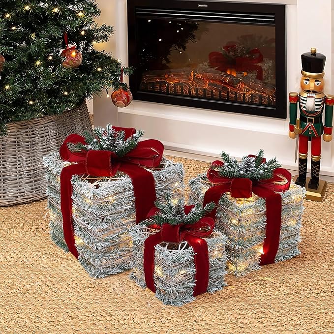 LuxenHome Set of 3 Lighted Gift Boxes, Battery Operated Forsted Faux Cedar Branch Boxes for Xmas, Lawn, Porch, Under Tree Indoor, Outdoor Christmas Decorations