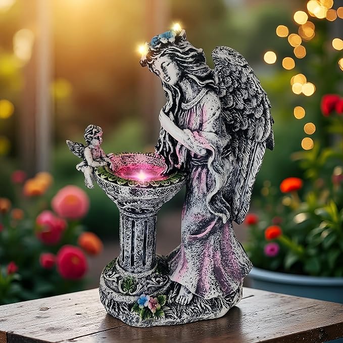 Solar Outdoor Figurine Lights Gnome Garden Decor Statue with LED Lantern, Glowing Fairy Yard Decorations for Outside Patio Yard Front Porch, Housewarming Home Decor Gifts Thanksgiving (Pink Angel)