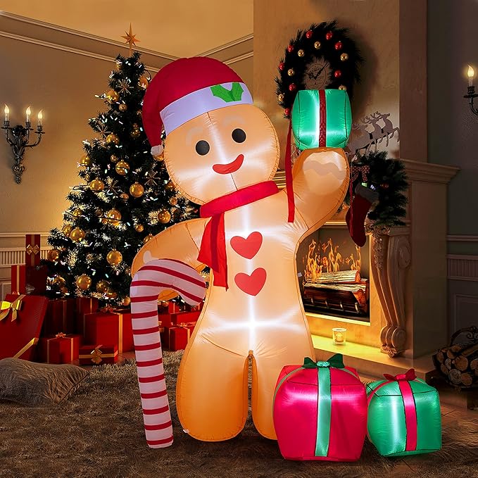Peyton 8FT Inflatable Gingerbread Man with Candy Cane and Three Gift Boxes,LED Lighted Christmas Decoration Indoor and Outdoor.