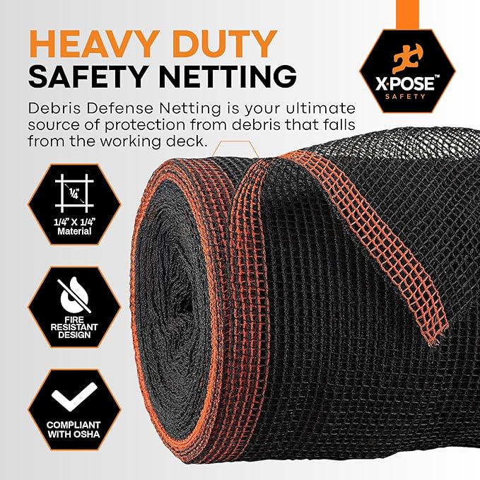 Xpose Safety Construction Safety Debris Netting - Temporary Material Roll, Mesh Scaffold Net Enclosure, Visibility Barrier, Fencing Roll, Heavy Duty Fire Retardant (Black, 1/16" Mesh 4' x 150')