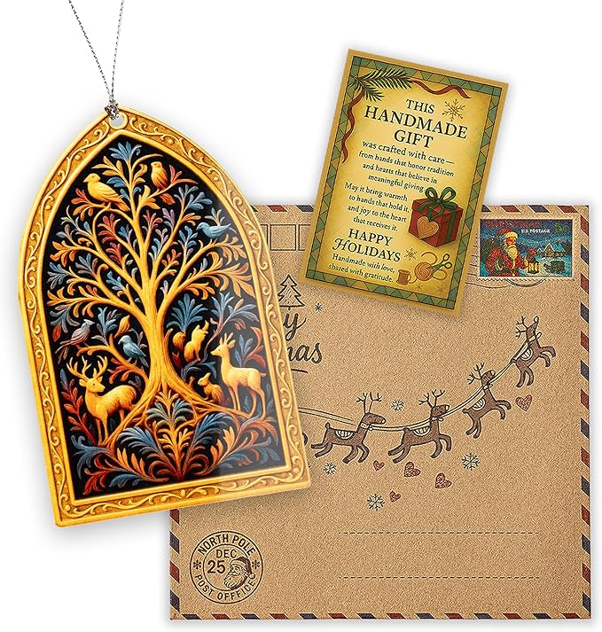 Tree of Life Ornament – Woodland Animals – Nature Forest Decor – Spiritual Symbol Gift – Holiday Card – Christmas Tree Ornament – Suncatcher Effect Stained Glass Window Hanging – Car Hanging