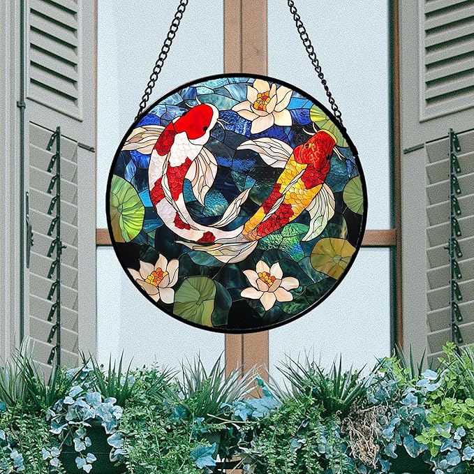 Stained Glass Window Hanging, Koi and Lotus Sun Catcher for Door Home Decor Fish Suncatcher Christmas Mother's Day Birthday Gifts for Women Men Mom and Nana 15 in
