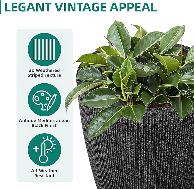 19.1" H Mediterranean Black Round Planter for Outdoor Plants,Set of 2 Large Flower Pot with Drainage Hole,Weather-Resistant for Porch,Garden,Patio or Indoor Use, Ideal for Christmas Decoration.