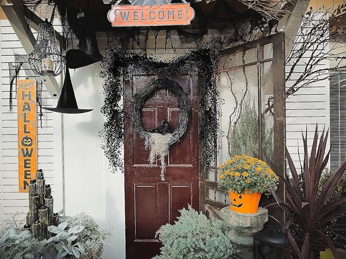 RECUTMS Black Garland Artificial Hanging Plants 2Pcs 5.6Ft Fake Garland Plant Greenery Faux Ferns Leaves Ivy Wreath for Halloween Thanksgiving Party Outdoor Indoor Garden Decor(Black)