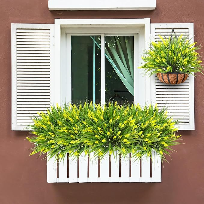 Sggvecsy 24 Bundles Artificial Plants Outdoor Faux Lavender Flowers Fake Monkey Grass UV Resistant Plastic Greenery Plants for Garden Home Porch Window Patio Hanging Planter Indoor Decor (Yellow)