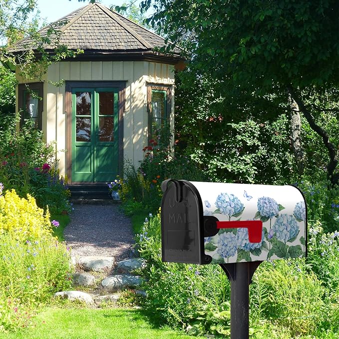 Hydrangea Flowers Magnetic Mailbox Cover Oversized Spring Summer Blue Floral Mailbox Covers Large Size 25.5 x 21 Inch Outdoor Letter Post Box Wraps for Garden Yard Home Decor