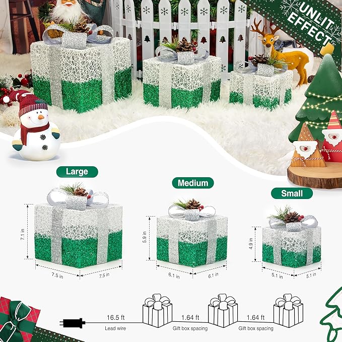 Set of 3 Christmas Lighted Gift Boxes,Outdoor Indoor Christmas Decorations,Plug-in 65 LED Light Up Present Boxes for Christmas Trees Indoor Outdoor Home Yard Lawn Holiday Birthday Party Decor