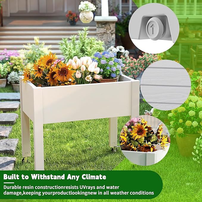 EasyUp Horticulture Raised Garden Bed with Legs, Divisible Raised Resin Planter Box for Backyard, Patio, Balcony, with 4 Legs, 4 Swivel Lockable Wheels(Ashen,30.04 * 17.72 * 28.9)