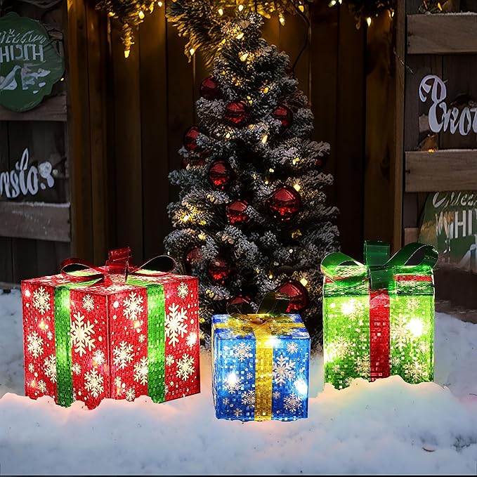 LuxenHome Set of 3 Lighted Gift Boxes, Plug-in Colorful Boxes with Ribbon Bow for Xmas Holiday Display, Lawn, Porch, Under Tree Indoor, Outdoor Christmas Decoration.