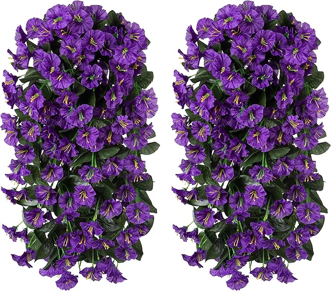 Artificial Faux Hanging Flowers Plants for Outdoor Outside Summer Decoration, 2 PCS Fake Silk Purple Morning Glory Trailing Vines UV Resistant Realistic for Porch Patio Balcony Planter