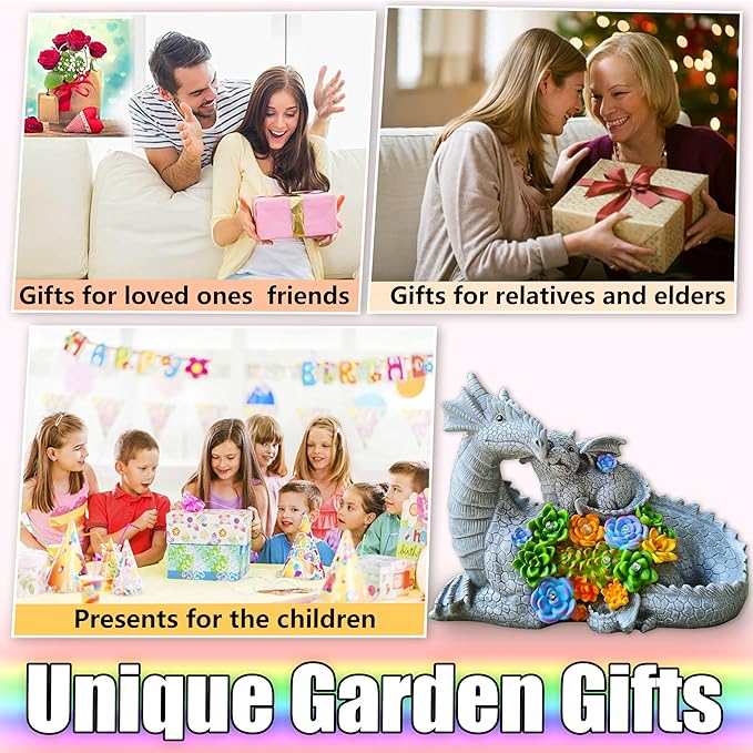 Solar Garden Statues Dragon Figurine Lights, Gardens Statue with Succulents and 6 LED Lights Yard Decorations Outdoor, Solar Light Garden Decor Unique Birthday Housewarming Gifts for Mom