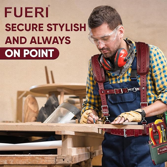FUERI Tool Belt Leather Suspenders for Men Heavy Duty Bags Construction Carpenter Tools Electricians Framers