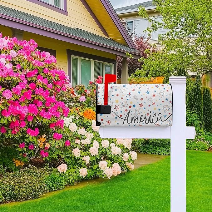 Fourth of July Firework Mailbox Covers Magnetic Patriotic Mail Box Cover Colorful Star Post Letter Box Cover Wrap Home Decor Outdoor Yard Decoration for Garden Standard Size 21x18 in