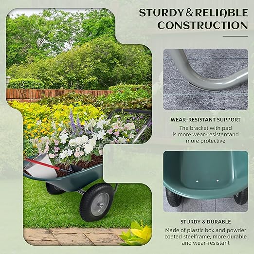 Wheelbarrow Garden Cart, Heavy Duty Home Utility, Dual-Wheel Home Garden Yard Utility Wheelbarrow Cart with Built-in Stand, Green