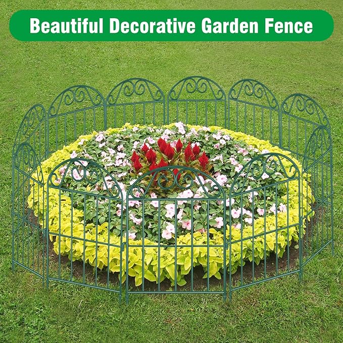 ADAVIN 10 Panels Collapsible Garden Fence Animal Barrier,11 Ft(L) x 24 in(H) Green Rustproof Metal Wire Panel Border for Dogs Rabbits, Flower Edging for Landscape Patio Yard Outdoor Decor, Arched