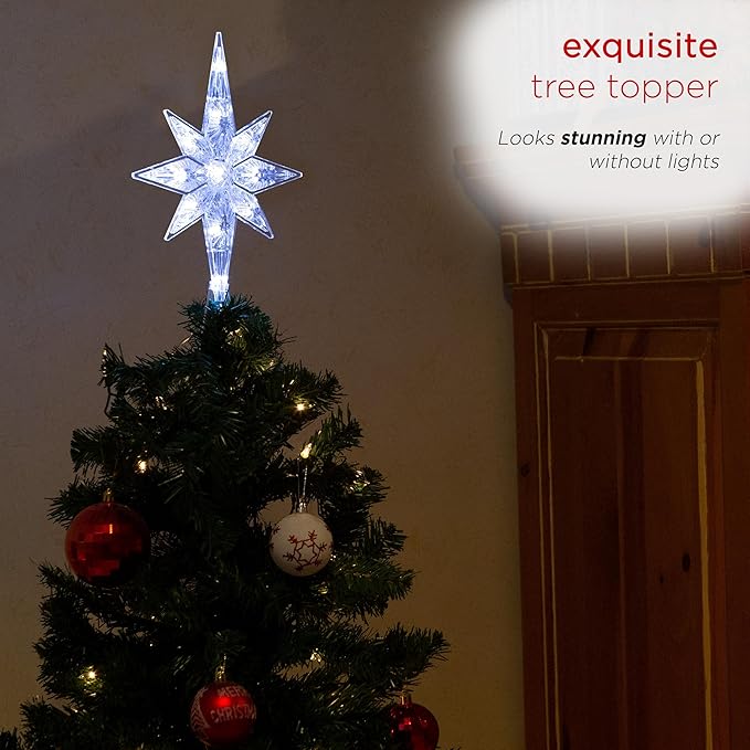 Alpine Corporation 13" H Snowflake 8-Point Tree Toppers with 31 Cool White LED Lights, Christmas Decoration