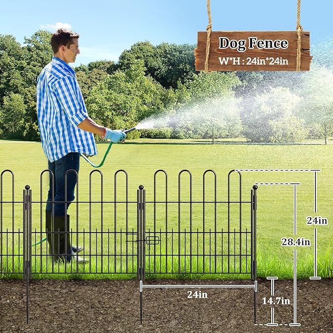 Bepatio Decorative Garden Fence Animal Barrier with Gate, 24in (H) x 10ft (L) 5 Panels Dog Fence Outdoor for Yard, Heavy Duty Metal Garden Fence Border, Flower Bed, Easy Setup, Black