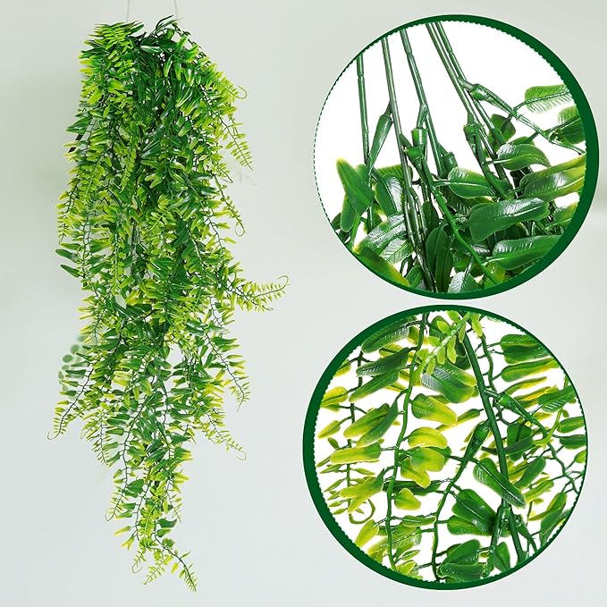 jiebor 4Pcs Fake Artificial Plastic Greenery Faux Hanging Plants Ferns Eucalyptus Vines for Bathroom Living Room Home Indoor Outdoor Office Wall Shelf Decor
