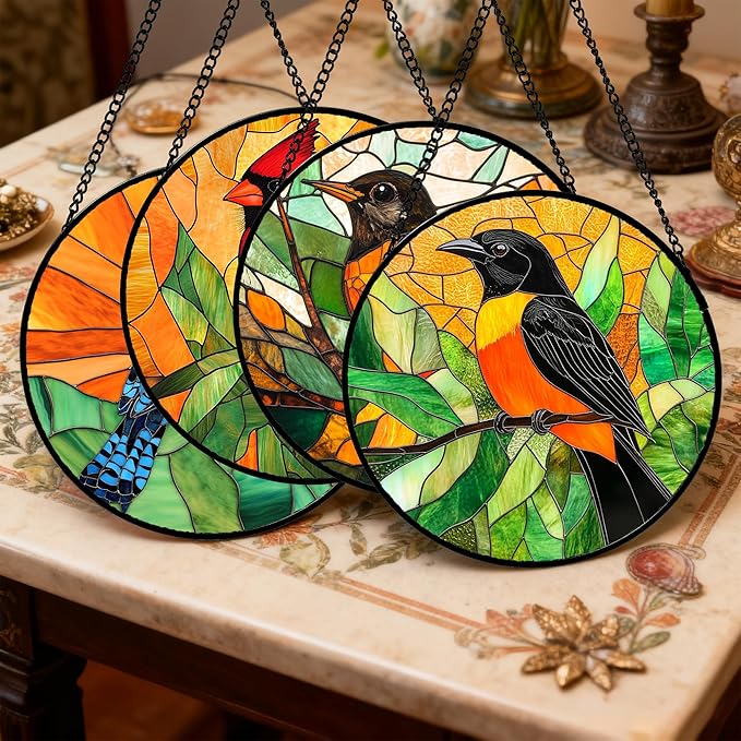 Stained Glass Window Hanging 4 Pcs Set Birds 6.3" - Cardinal Blue Jay Suncatcher Door Garden Sun Catcher Decor Birthday Christmas for Bird Lovers Mom Woman Nana Men