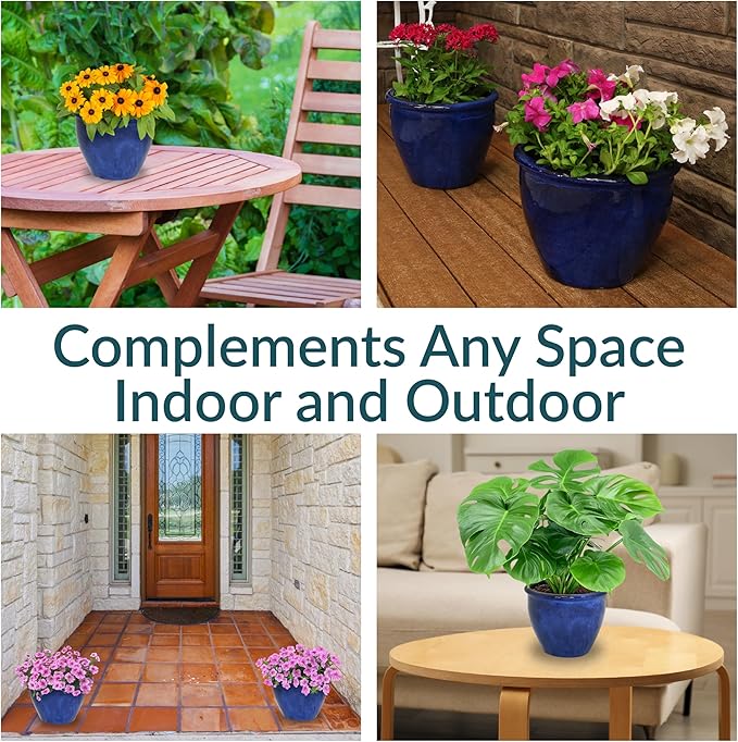 Sunnydaze Round Ceramic Planter - Set of 2 Indoor or Outdoor Plant Pots with Drainage Hole - Chalet - 12" - Imperial Blue Glaze