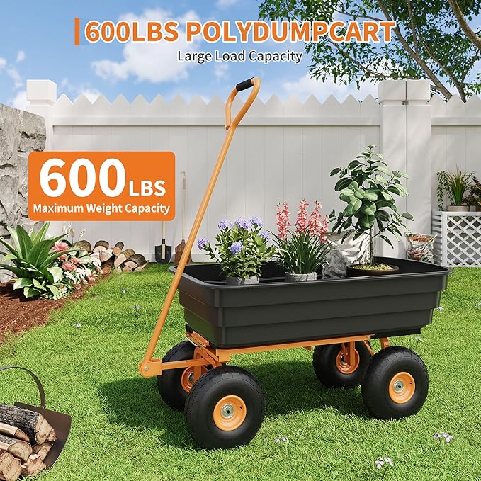 Garden Dump Cart, 4 Cu.Ft. 600Lbs Garden Cart, Heavy-Duty 4 Wheel Wheelbarrow Yard Cart with 10-Inch All-Terrain Wheels, Features A Quick-Release Tipping Function, for Courtyards, Farm, Gardening