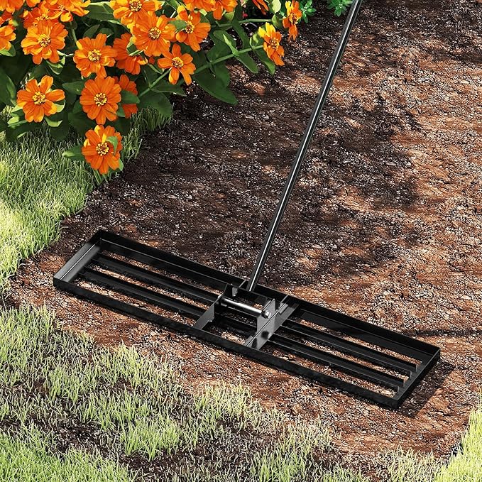 42" x 10" Lawn Leveling Rake, Heavy Duty Landscape Rake with 67" Handle, Non-Slip Grip & Flat Head, Space-Saving Lawn Level Tool for Garden, Backyard, Golf Course & Sports Field(Black)