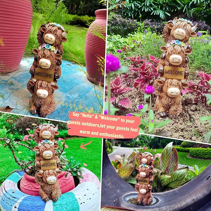 Solar Outdoor Figurine Lights Gnome Garden Decor Statue with LED Lantern, Glowing Fairy Yard Decorations for Outside Patio Yard Front Porch, Housewarming Home Decor Gifts Thanksgiving (Brown Cows)