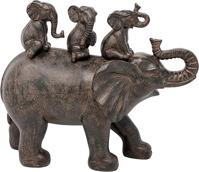 Nature's Mark 8" H 3 Baby Elephants Riding an Elephant Resin Statue Figurine Home Decorative Accent Decor (Brown)