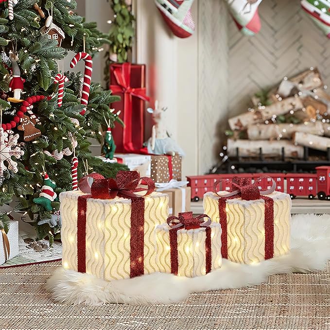 LuxenHome Set of 3 Lighted Gift Boxes, Plug-in Wavy Design with Red Ribbon Bow Boxes for Xmas Holiday Display, Lawn, Porch, Under Tree Indoor, Outdoor Christmas Decoration.