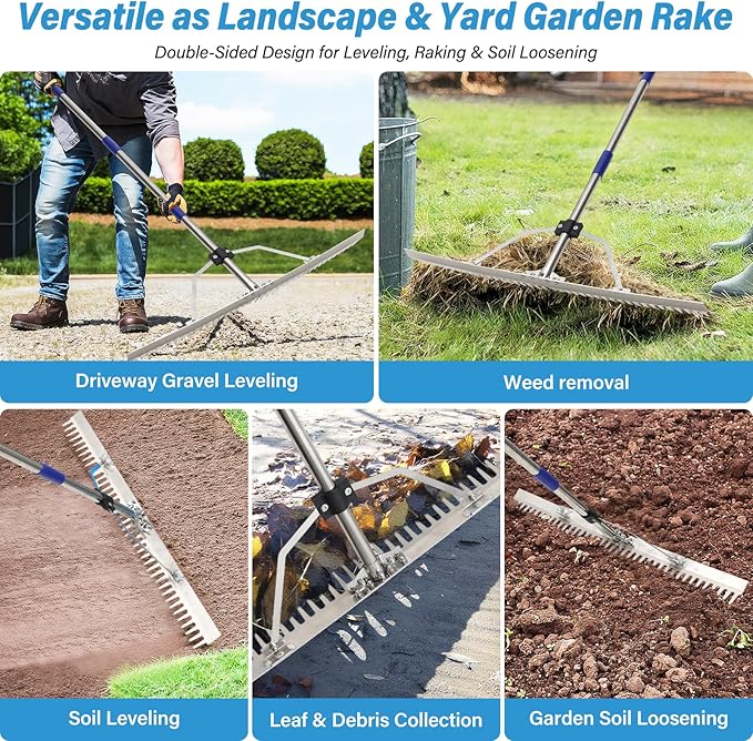 Aluminum Landscape & Lake Rake, 31'' Wide Heavy Duty Rake for Gravel Driveway Leveling, Aquatic Weed, Algae, Muck, Leaf & Seaweed Removal, Long Handle for Outdoor Beach, Garden & Lawn Yard Cleaning