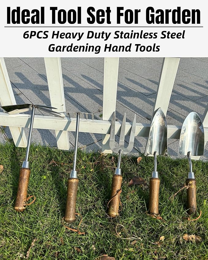 Garden Tool Set, 6PCS Heavy Duty Stainless Steel Gardening Hand Tools with Ropes, Includes Trowel, Transplanter, 2-in-1 Hoe, Pruner & More, Ideal Gardening Gift for Man and Woman (Gift Box Packaging)
