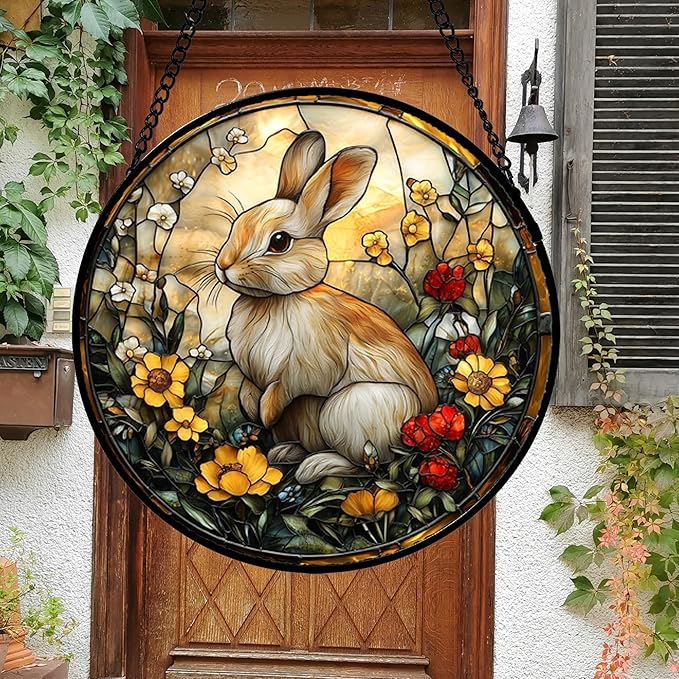 Stained Glass Window Hanging - Rabbit Flowers Suncatcher Ready to Hang Window Doors Home Decoration, Easter, Mother's Day Birthday Gifts for Women, Men, and Mom 14.9x14.9 in