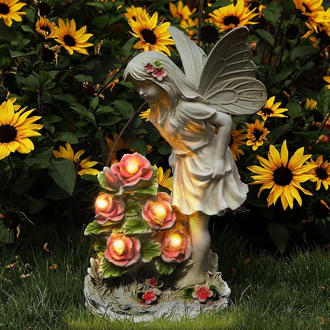 Garden Figurines Angel Garden Statue Outdoor Decor, Solar Powered Resin Sculpture with 5 LEDs Art Decoration for Patio Lawn Yard Porch, Ornament Housewarming Gift, 11“ H
