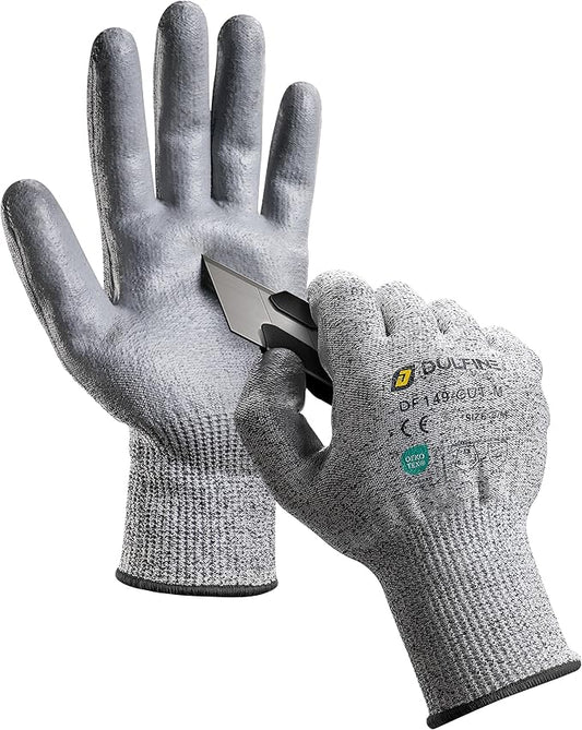 DULFINE ANSI A3 Cut Resistant Work Gloves for Men and Women, PU Coated,Ideal for Woodworking, Glass Cutting, Construction, Cargo Handling, Car Repair(Large)