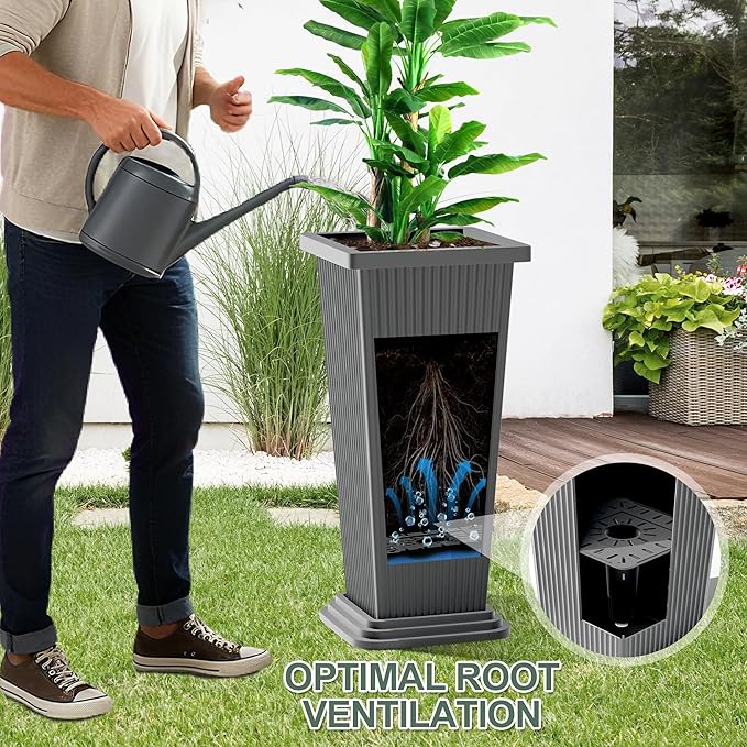 Set of 2 Tall Planters with Drainage Tray, 24 Inch Large Flower Pots for Indoor Outdoor Plants Mordern Planter Weather-Resistant for Patio, Front Door Decor, Garden (Gray Ribbed)