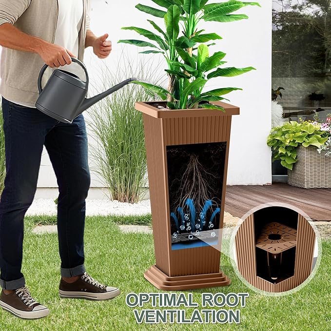Set of 2 Large Planters for Outdoor Plants 24" Tall Tapered Modern Flower Pots with Drainage Tray for Garden, Patio, Porch (Brown Ribbed)