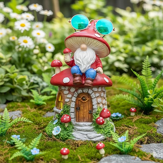 Solar Garden Gnome Decorations Outdoor Statue, 8.3" Fairy Gnomes House Ornaments for Outside, Mushroom Decor for Yard Patio Lawn Proch, Gardening for Women Mom Grandma Kids