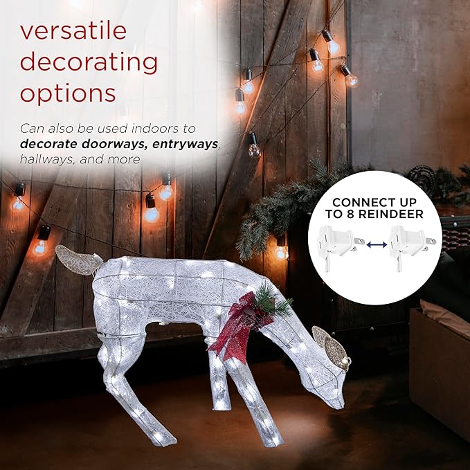 Alpine Corporation 28" H Mesh Grazing Holiday Reindeer Lawn Decoration with Cool White Lights, Christmas Decoration