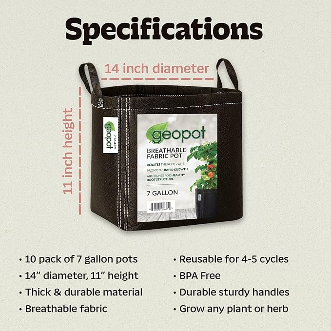GeoPot 7 Gallon Fabric Grow Bags with Handles for Vegetables, Houseplants, Herbs & Flowers |5-Pack| Fabric Pots for Outdoors and Indoors, Aerated Fabric Grow Bags