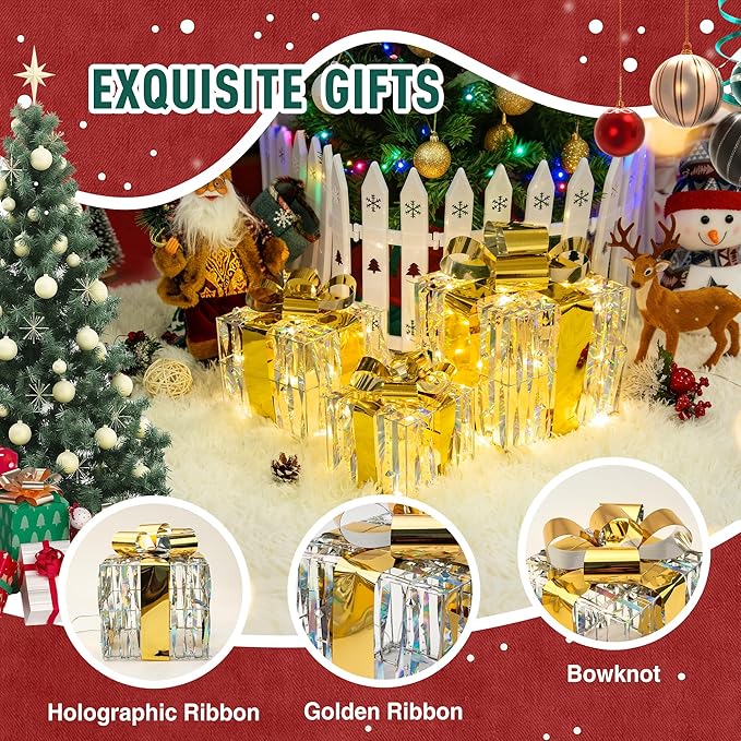 Set of 3 Christmas Lighted Gift Boxes,Outdoor Indoor Christmas Decorations,Plug-in 65 LED Light Up Present Boxes for Christmas Trees Indoor Outdoor Home Yard Lawn Holiday Birthday Party Decor