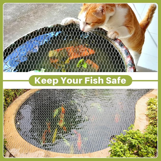 Koi Pond Netting Kit 7 x 10ft, Bird Deer Fence Netting, Durable Net Cover for Leaves, Heavy Duty Fine Mesh, Protect Fish from Birds, Cats & Predators, 12pcs Stakes & Ties Included(White)
