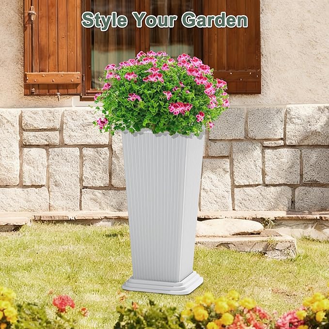Tall Planters Set of 2, Large Indoor Outdoor Flower Pots with Tray Modern Tapered Planter for Patio, Garden, Porch, Backyard (White Ribbed 24")