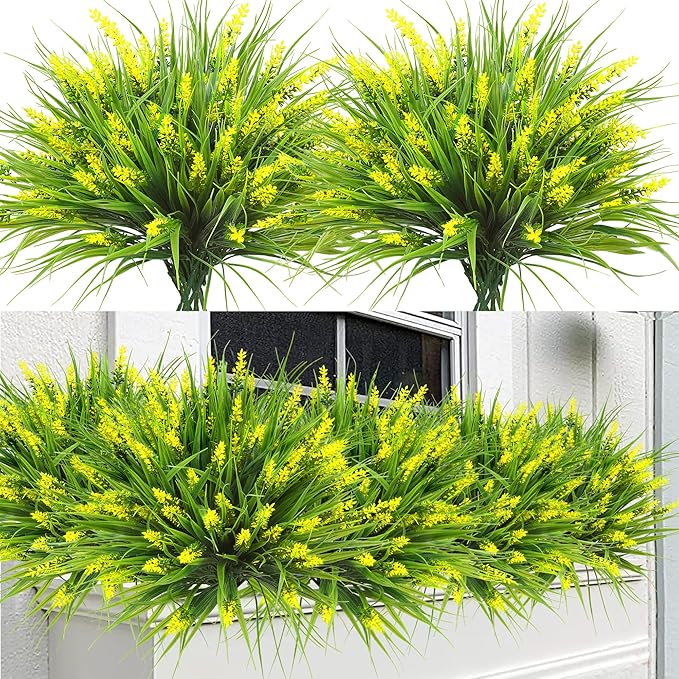 Sggvecsy 12 Bundles Artificial Plants Outdoor Faux Lavender Flowers Fake Monkey Grass UV Resistant Plastic Greenery Plants for Garden Home Porch Window Patio Hanging Planter Indoor Decor (Yellow)