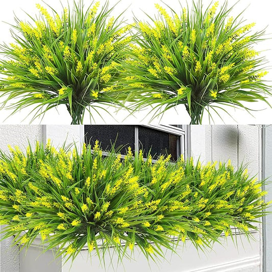 Sggvecsy 12 Bundles Artificial Plants Outdoor Faux Lavender Flowers Fake Monkey Grass UV Resistant Plastic Greenery Plants for Garden Home Porch Window Patio Hanging Planter Indoor Decor (Yellow)