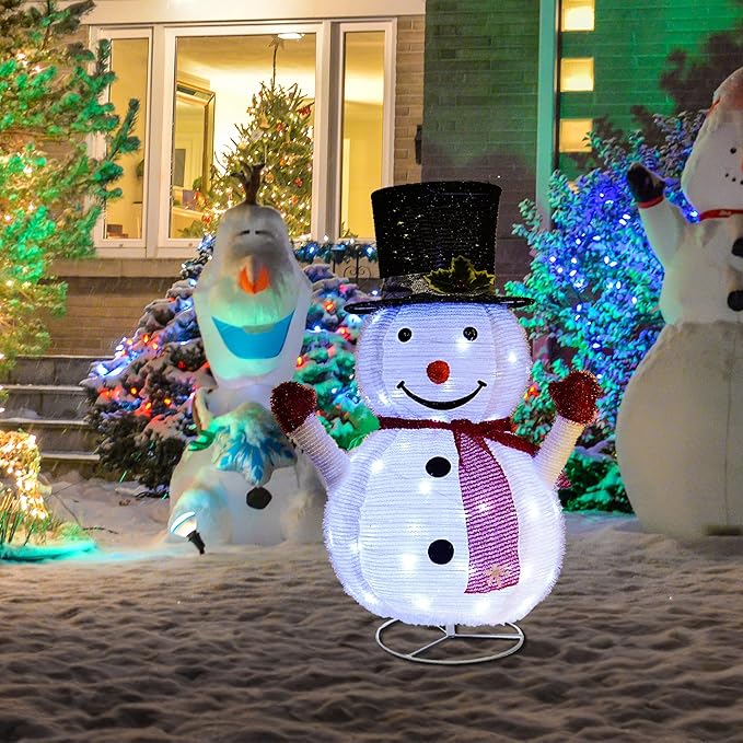 Dazzle Bright Christmas Snowman Decorations, 3FT Pre-Lit 48 LED Lighted Collapsible Snowman with Black Hat, Pop Up Snowman with Metal Stand for Indoor Outdoor Xmas Garden Yard Home Party Decor