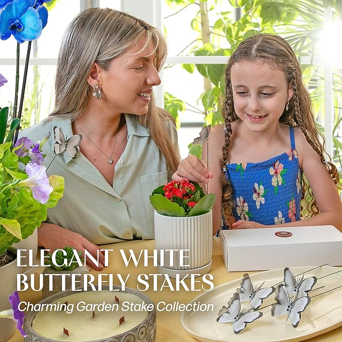 Handmade White Butterfly Garden Stakes Set of 7 - Decorative Outdoor & Indoor Plant Decor - Nature Lover Gift Idea by Air Aquarium Kushner