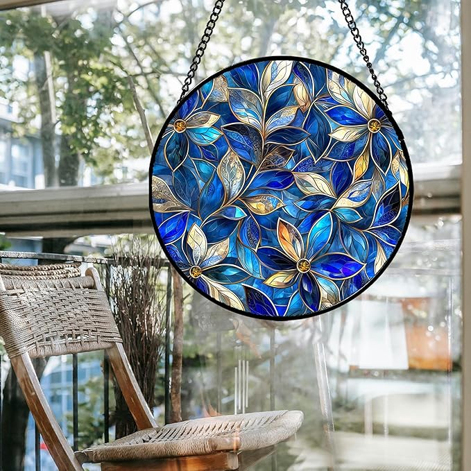 Stained Glass Window Hanging - Blue Gold Abstract Flowers Suncatcher for Door Terrace Garden Home Decor, Plant Sun Catcher Birthday Gifts for Lovers Women Men Dad Mom Nana 6.3 in