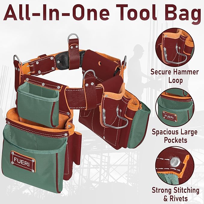 Fueri Electrician's Heavy Duty Tool Belt for Men, Made of Thick Leather and Durable Nylon, Comes with Adjustable Padded Tool Belt, Storage Capacity Tool Pouches, Hammer Holder, And Suspender Loops.